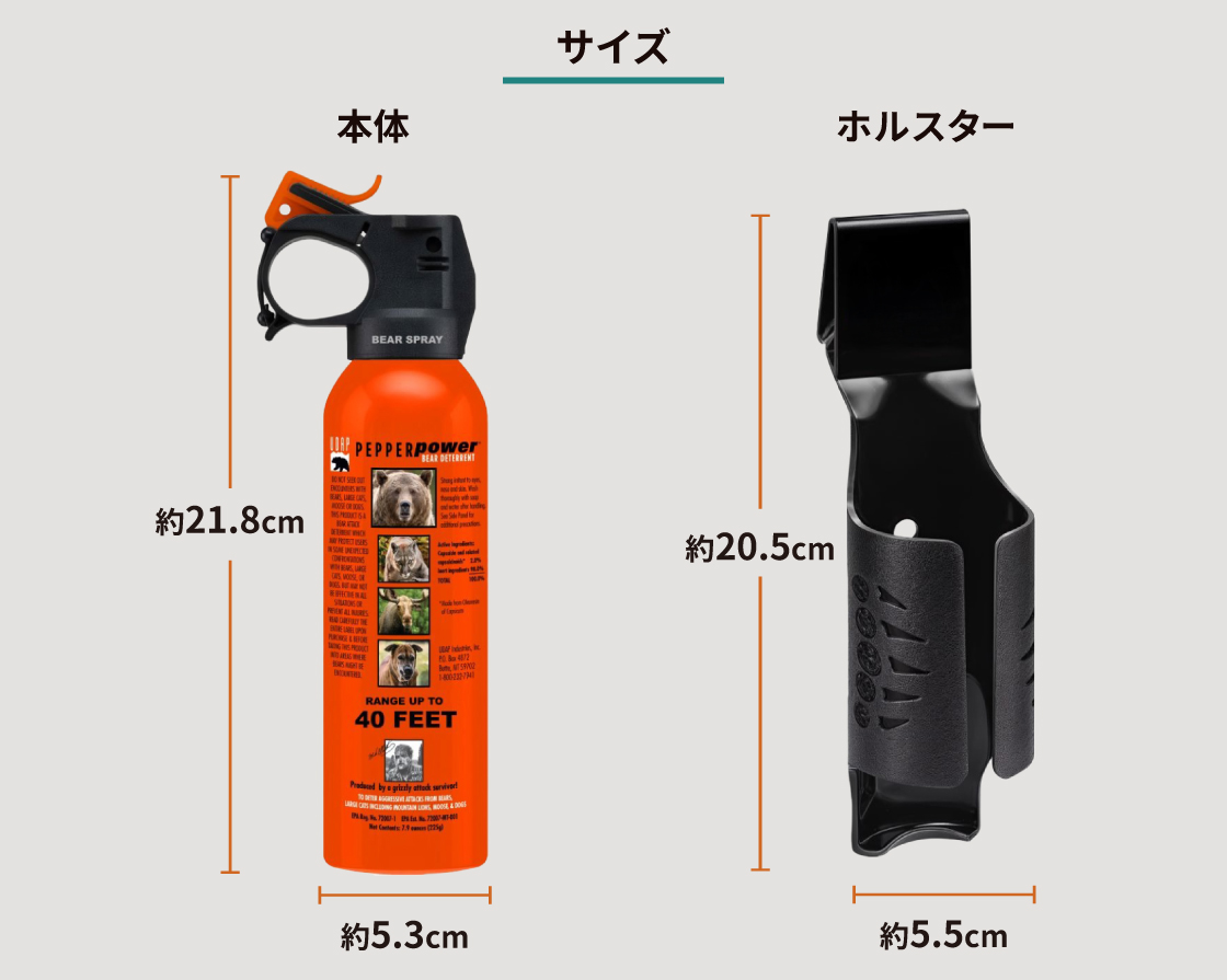 熊スプレー本体・ホルスターのサイズ図。本体：高さ21.8cm×直径5.3cm、ホルスター：高さ20.5cm×幅5.5cm。