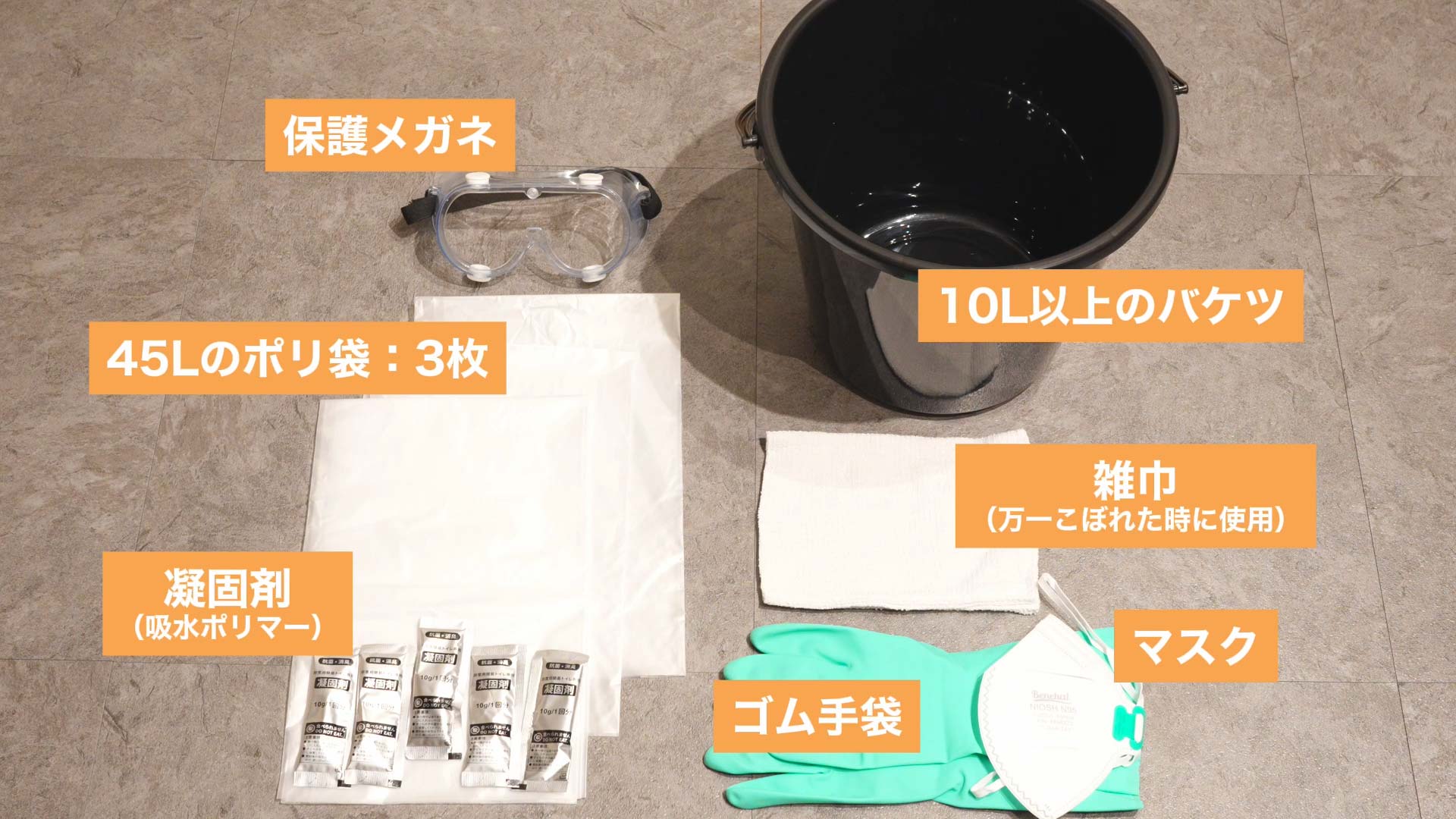 熊スプレー廃棄処理キットの内容品一覧。バケツ・ポリ袋・ゴム手袋・マスク・保護メガネ・凝固剤など。