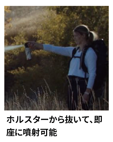 熊スプレーをホルスターから抜いて即座に噴射する使用イメージ写真。屋外フィールドでの実践シーン。