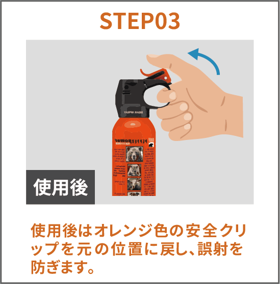 熊スプレーの使い方STEP3・使用後。オレンジ色の安全クリップを元の位置に戻し、誤射を防ぐ手順のイラスト。